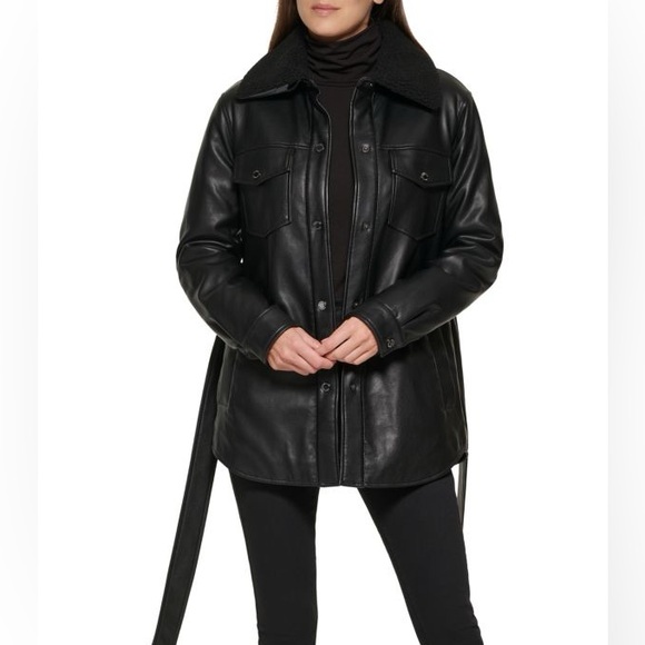Kennth Cole Faux Leather & Faux Shearling Belted Shirt Jacket (Black) - Picture 5 of 5